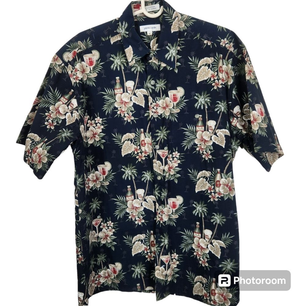 Vintage Pierre Cardin Mens Cocktail Print Short Sleeve Hawaiian Shirt Size M